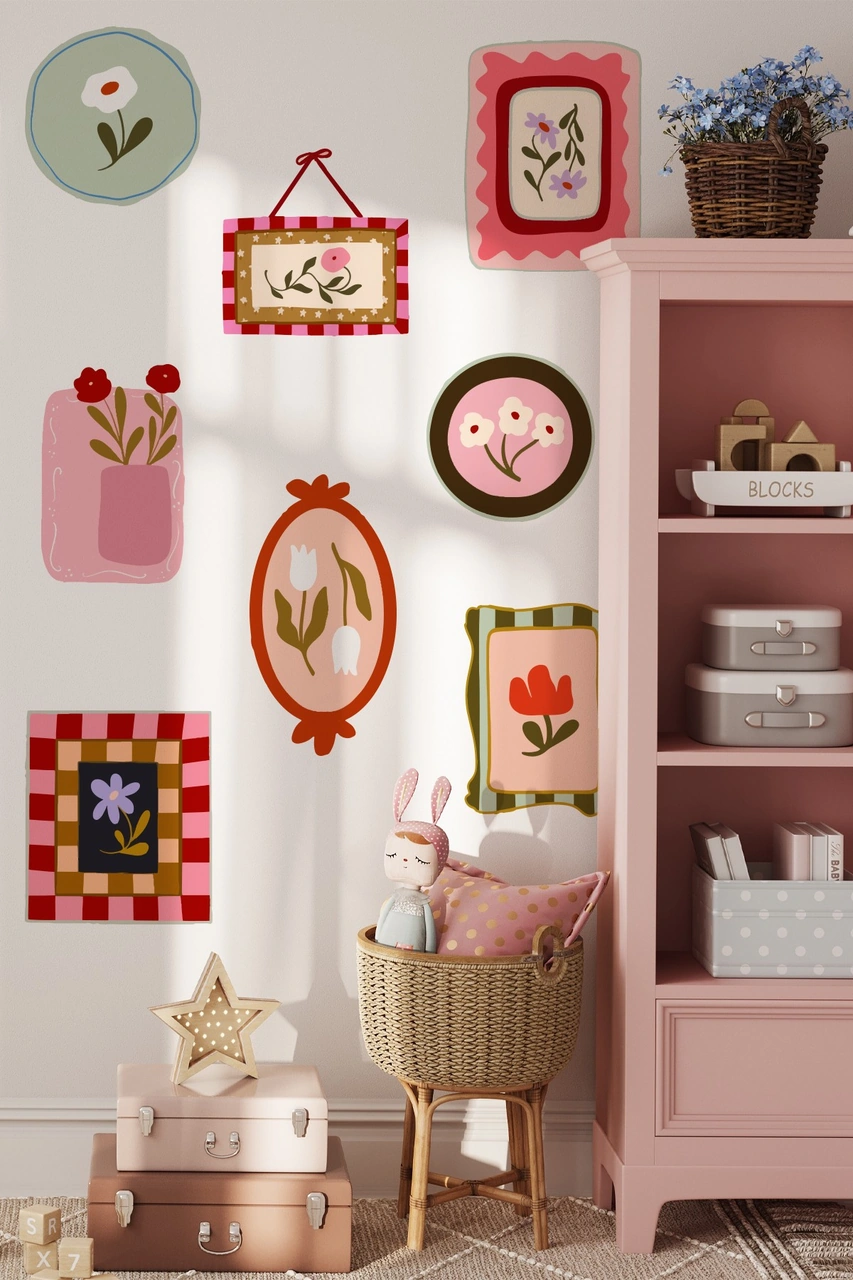 Soft Renkler Pastoral Çerçeve Duvar Sticker Seti 10 Parça Pastel Bahar Temalı Dekoratif Stickerlar Dijital Baskı