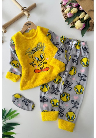 Miniğimin Cicileri Twty Desenli Welsoft Kız Çocuk Pijama Takı... Sarı