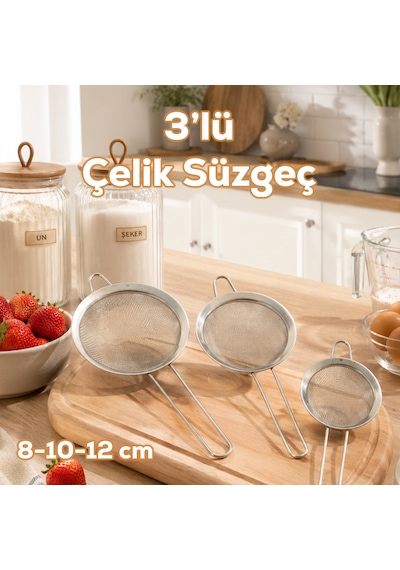 Porsima 1891 3lü Paslanmaz Tel Süzgeç Pirinç Süzgeci Çelik Süzgeç Metal Süzgeç 8-10-12 Cm