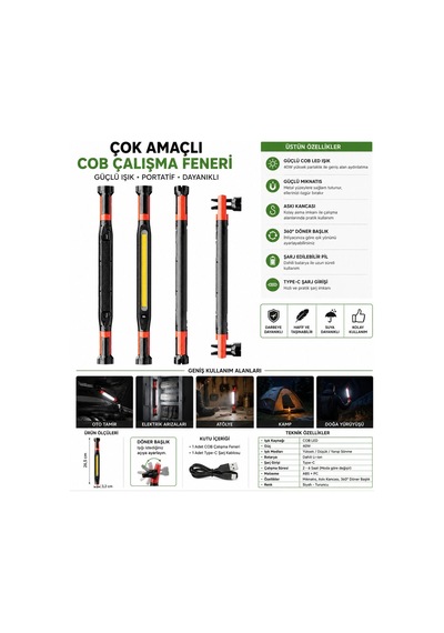 Çok Yönlü 40w Cob Led Şarjlı Çalışma Lambası Mıknatıslı Askılı Çok renkli