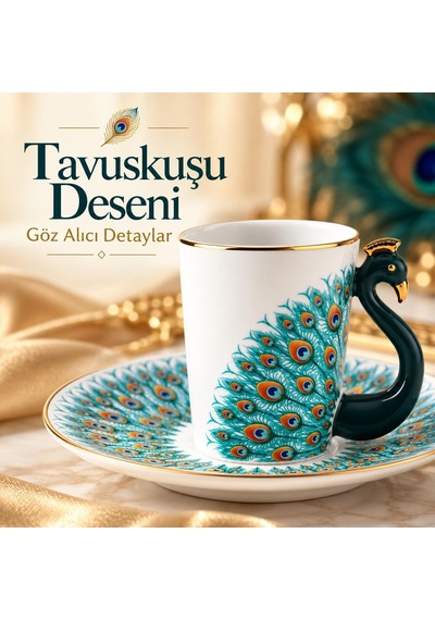Valkyrie Peacock Serisi 6 Kişilik 12 Parça Tavus Kuşuporselen Türk Kahvesi Fincan Takımı 90ml Yeşil