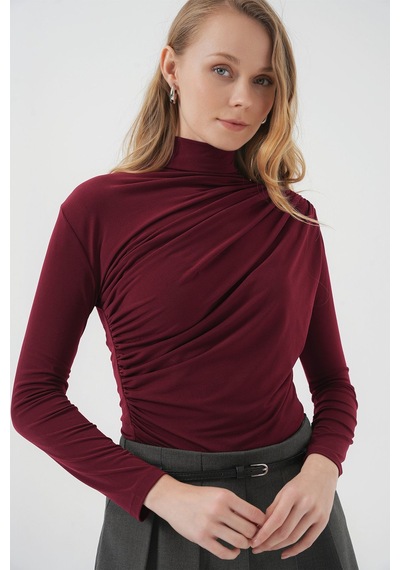 Hiccup Bdart Drape Detaylı Vücuda Oturan Dik Yaka Bluz Bordo Kırmızı