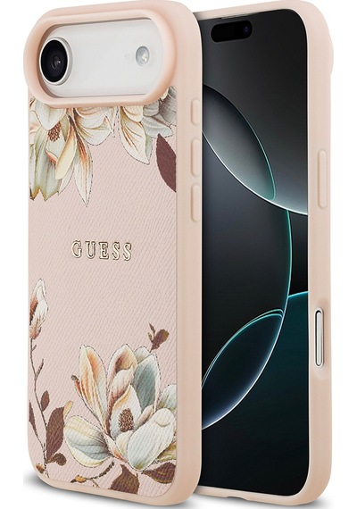 Apple Uyumlu iPhone 17 Air Kılıf Guess Lisanslı M-safeli Taneli Çiçek Tasarımlı Metal Yazı Logolu Pembe Pembe