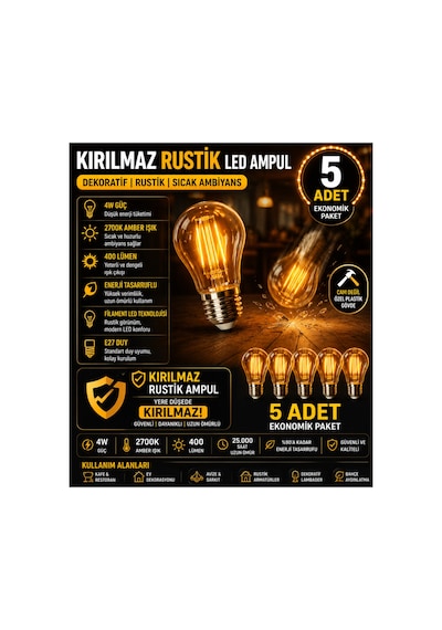 5 Adet Kırılmaz Rustik Led Ampul 4w 2700k Amber Işık 400 Lümen E27 Dekoratif Filament Ampul Otantik Cafe Restoran Ev Aydınlatma,dekoratif Vintage Edison Glop Ampul 220v,