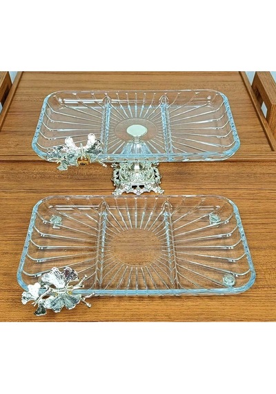Elta Collection 2 Li Paşabahçe Kristal Metal Ayaklı Gümüş Dikdörtgen Bölmeli Pasta Sunumluk Kurabiyelik Gümüş Kare Bölmeli