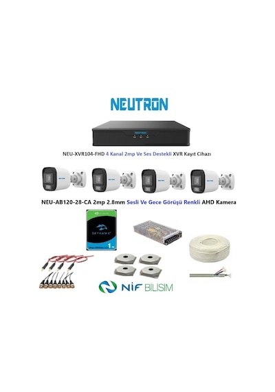 Neutron 2mp 4 Kameralı Gece Renkli Sesli Dış Ortam Ahd Full Kamera Seti 1tb Disk Neu-ab120-28-ca
