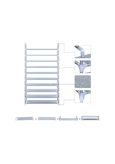 Songmics 10 Katlı Ayakkabı Rafı, 100x29x175 Cm, Gri, Lsr10g