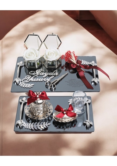 Harmony Gümüş Söz Ve Nişan Tepsisi Damat Fincan Kahve Tepsisi Kırmızı Kırmızı