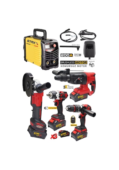 Staxx WM200RED 200A Kaynak + Matkap + Taşlama + Somun Sıkma + Kırıcı Delici 5'li Set