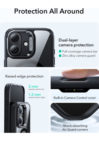 Esr Apple Uyumlu iPhone 17 Classic Hybrid Magsafe Standlı Kılıf - Kamera Kontrol Buton - Şeffaf Siyah Çok Renkli