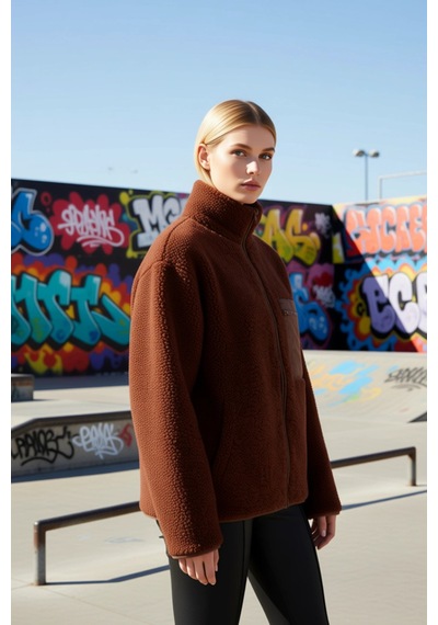Benerly Kadın Dik Yaka Düşük Kol Tam Fermuarlı Peluş Sweatshirt Fonksiyon Kahverengi