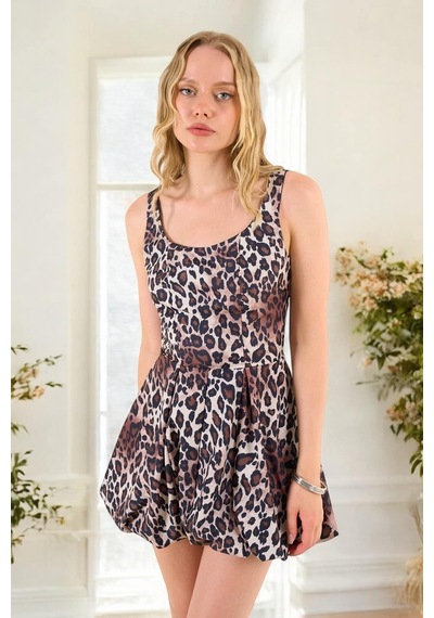 Kadın Kahverengi Askılı Mini Leoparlı Balon Elbise