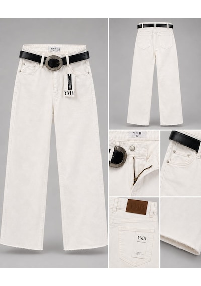 Ymr Moda Kemerli Kesik Paça Jeans Ymr-026426 Beyaz