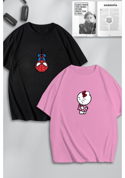 Unisex Kadın Erkek Hello Kitty V Spiderman Baskılı Sevgili Çift Kombini Tasarım Oversize Tshirt 2'li Pembesiyah Mck0191 Çok Renkli