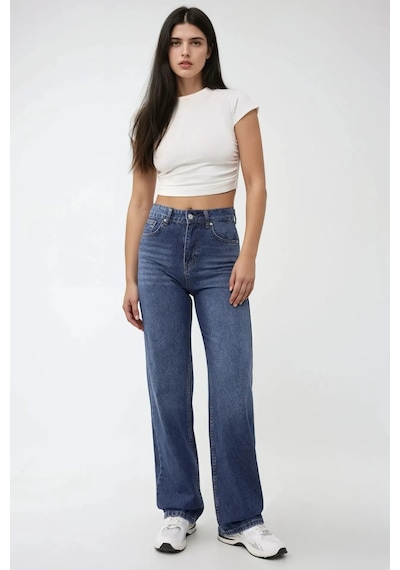 Hiccup Yüksek Bel Straight Kot Pantolon Orta Mavi Denim