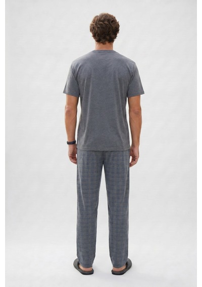 Tudors Erkek Standart Fit Normal Kesim Pamuklu Bisiklet Yaka Kısa Kollu Lastikli Gri Pijama Takımı-51142