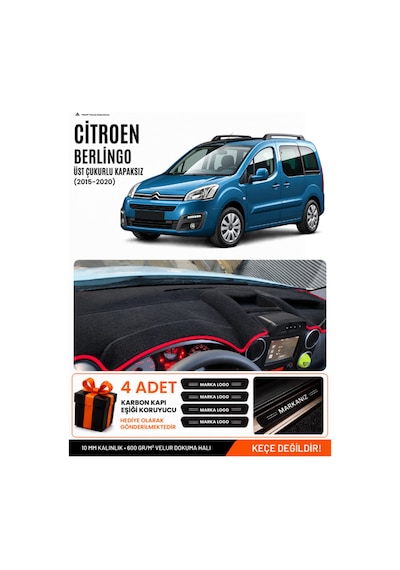 Citroen Berlingo Üst Çukurlu Kapaksız 2015-2020 Uyumlu Torpido Örtüsü - Siyah Kırmızı
