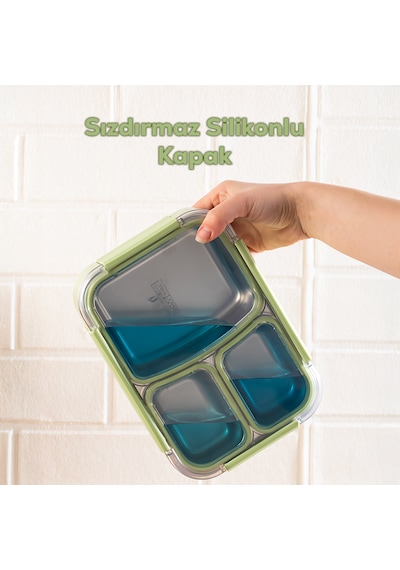 Porsima Bl25238 Isı Yalıtımlı Paslanmaz Çelik Sızdırmaz Silikon Kapak 3 Bölmeli Vakumlu Yemek Termosu Beslenme Kutusu Taşınabilir Lunch Box Sefer Tası Yeşil