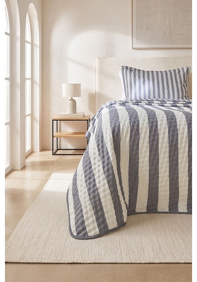 Ocean Home Textile Pamuklu Kapitoneli Antrasit Renk Çizgi Desen Tek Kişilik Yatak Örtüsü Seti 1 Adet 180 X 230 / 1 Adet 50 X 70 Cm