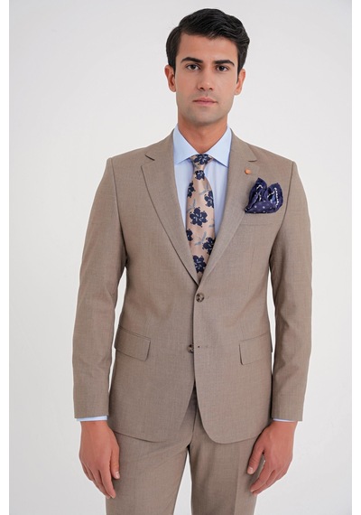 Efor Slim Fit Çift Yırtmaç Esnek Yün Vizon Takım Elbise Tk 918 Vizon