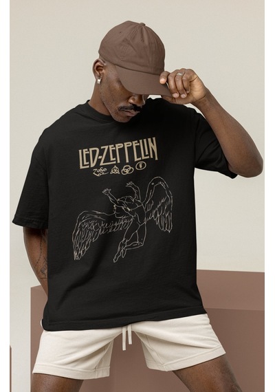 Sevbano Tasarım Led Zeppelin Rock Metal Müzik Grubu Baskılı Unisex Oversi Siyah