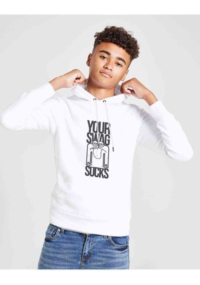 Tshirthane Your Swag Sucks Baskılı Unisex Çocuk Kapüşonlu Beyaz Sweatshirt Beyaz