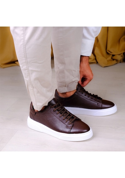 Twingold Kişiselleştirilebilir Kalın Ortopedik Tabanlı %100 Deri Sneaker Spor Ayakkabı - Kahverengi Kahverengi