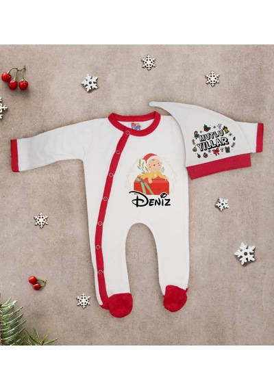 Bk Kids Bk Gift Kişiye Özel Yılbaşı Temalı Tulum Zıbın Ve Kukuletalı Şapka Seti-3 Çok Renkli