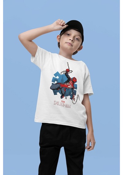 Sevbano Spider-man Baskılı Unisex Örümcek Adam Film Kahramanı Çocuk Tişör Beyaz