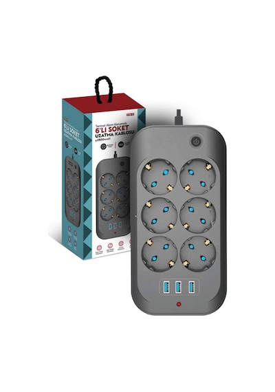 Termal Akım Korumalı 6xpriz, 3xusb 2500w, Akım Korumalı Priz