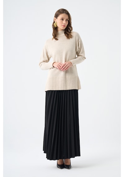 Mizalle Basic Örme Pliseli Krep Siyah Etek 001