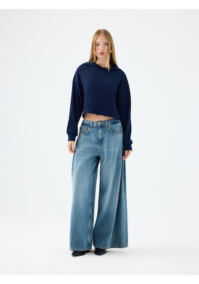 Long Crop Kadın Sweatshirt Lacivert