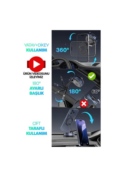 360 Araba Telefon Tutucu Ayarlanabilir Masa Üstü Vakumlu Mıknatıslı Magsafe Telefon Tutucu Siyah Çok Renkli