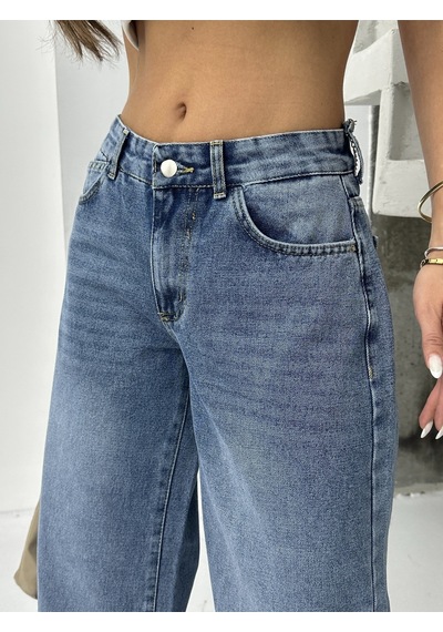 Kadın Zincir Kemer İşlemli Bol Paça Jeans Taş