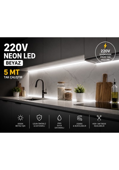 5 Metre Tak Çalıştır Parlak Güçlü Işık Borsan 220v Neon Led Beyaz Montaj Aparatı Dahil Beyaz 6000-6500K