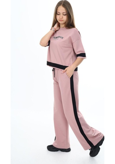 Kız Çocuk %100 Pamuk Oversize Yarım Kol Alt-üst Eşofman Takım-eşt-0017 Pudra