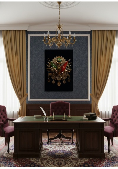 Osmanlı Devlet Arması Kanvas Tablo - Altın Varak Görünümlü Makam Odası Dekoru Çok Renkli Çok Renkli Osmanlı Devlet Arması Kanvas Tablo - Altın Varak Görünümlü Makam Odası Dekoru Çok Renkli Çok Renkli