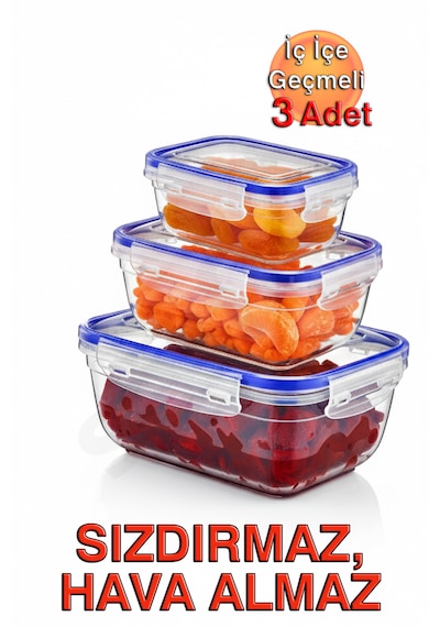 Sızdırmaz Silikon Contalı, Hava Almayan Kilitli Kapaklı, 3 Boy Saklama Kabı Seti (310,565,975 ml)