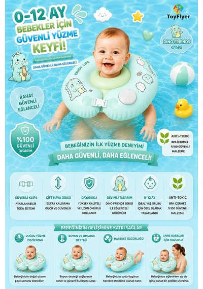 Bebek Yüzme Boyun Simidi Pompa Gerektirmeyen Yeni Nesil 0-12 Ay Bebek Simidi, Çift Emniyet Tokalı Gü