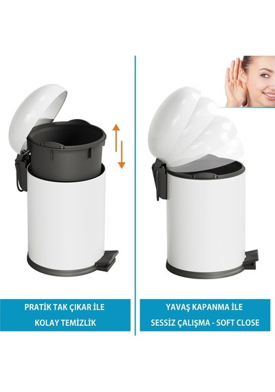 Aqua Bagno Smile Klozet Fırçası + Çöp Kovası 5 Lt -2 Parça Set, Beyaz