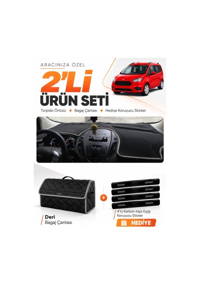 Ford Courier 2013-2020 Ekransız Uyumlu Torpido Örtüsü + Deri Bagaj Çantası + Sticker - Siyah Gri