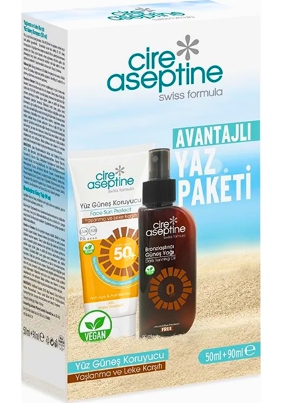 Cire Aseptine Avantajlı Yaz Paketi Yüz Güneş Koruyucu Spf 50+ Yaşlanma Ve Leke Karşıtı 50ml İle Bronzlaştırıcı Güneş Yağı 90ml