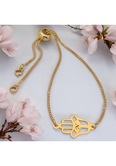 N Harfine Özel Hamsa Motifli 14 Ayar Altın Plakalı Zincirli Hediye Bileklik-497harf N