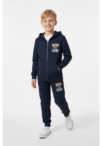 Fyk Kids 3 İplik Kalın Kışlık Born To Lead Baskı Detaylı Fermuarlı Kapüşonlu Erkek Çocuk Eşofman Takımı Lacivert