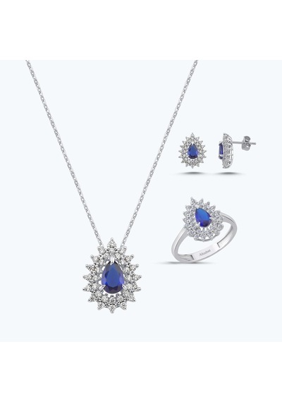 Altınbaş Mavi Taşlı Altın Üçlü Damla Set Autk0033-b-24627-l-set