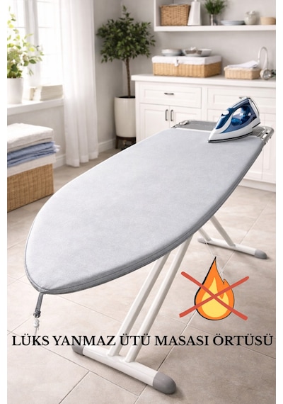 Lüks Yanmaz Ütü Masası Örtüsü Yüksek Kalite Micro Yanmaz Kumaş Ve Kalın Keçeli Çekme İp Sistem Gri