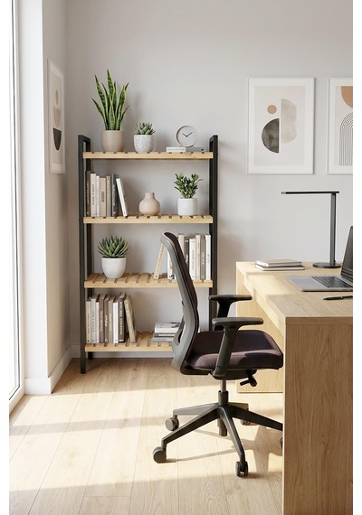 4 Katlı Metal Ofis Kitaplığı, Doğal Ahşap Raf, 4 Katlı Kitap Dosya Rafı - Depo, Arşiv, Siyah