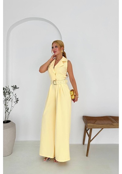 Neşeli Butik Kadın Gömlek Yaka Düğme Detaylı Maxi Tulum Nbk061 Sarı