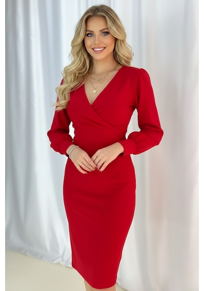 Defymoda Kadın Klasik Kesim Manşetli Elbise Kırmızı