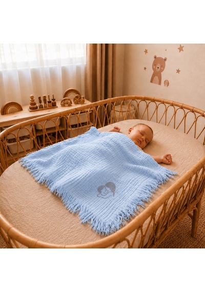 Minimoms %100 Pamuk 4 Katlı Müslin Bebek - Çocuk Battaniyesi 100x120 CM - Yumuşak Yenidoğan Kız ve Erkek Bebek Örtüsü Bebe Mavi